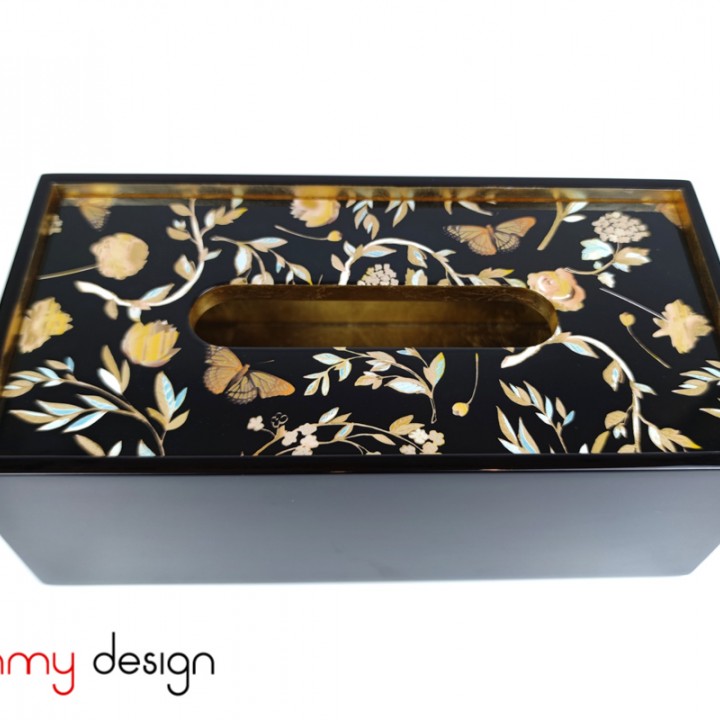 Black tissue box with floral and butterfly pattern with 2 edges inside 24*12*9 cm